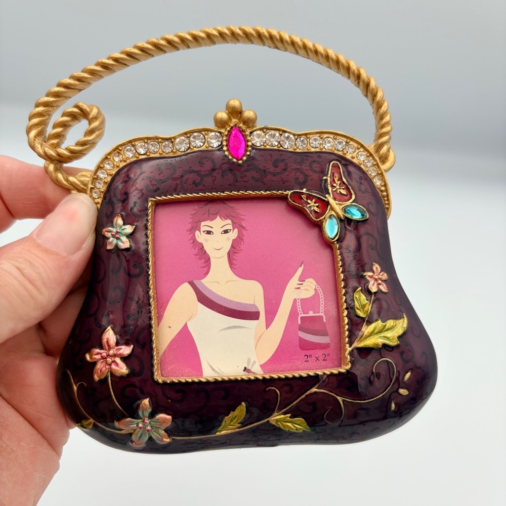 Vintage Style Purple Enamel Purse Picture Frame Butterfly Floral Gold Tone 2x2